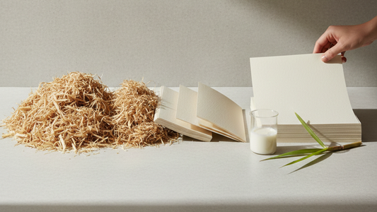 Bagasse-based, chemical-free stationery with sugarcane pulp and unbleached paper on a clean white background.