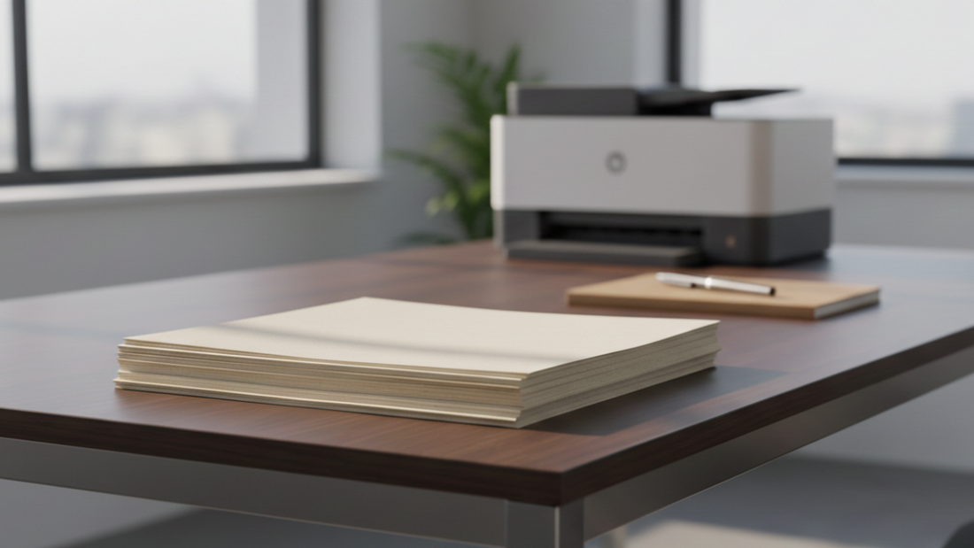 Recycled A4 paper for office printing on a clean desk