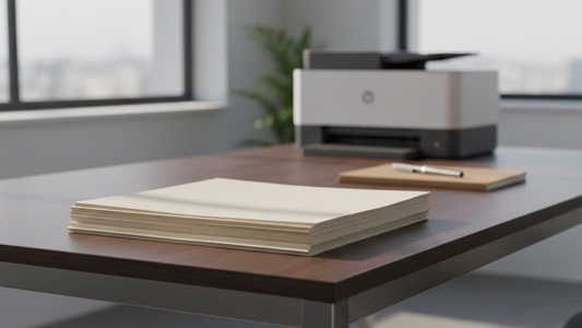 Recycled A4 paper for office printing on a clean desk